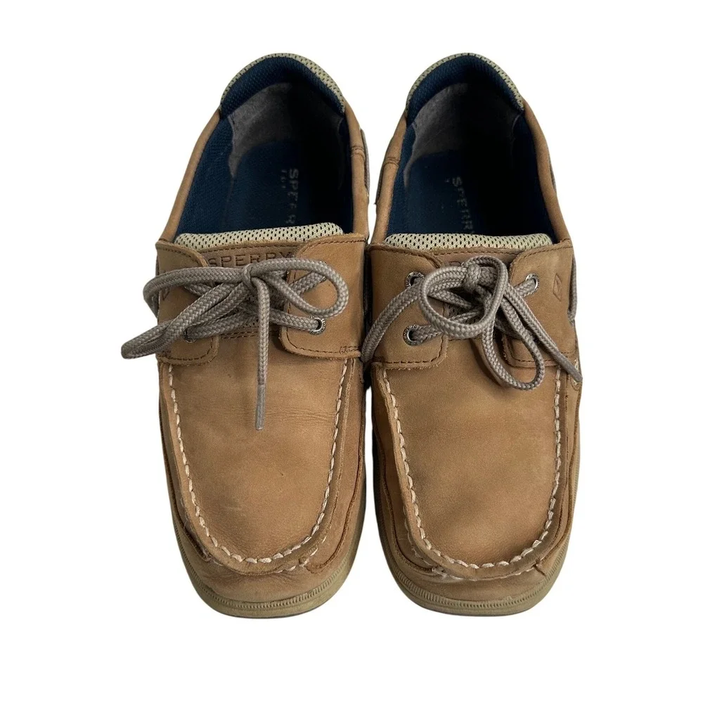 Sperry YB46122A Kids' Size 7 Dark Tan/Navy Leather‎ Lanyard Boat Shoes Church